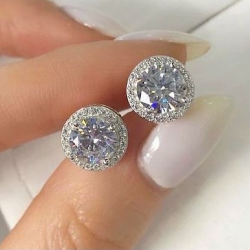 New Round Stud Diamond Sterling Silver Earrings - Picture 3 of 14